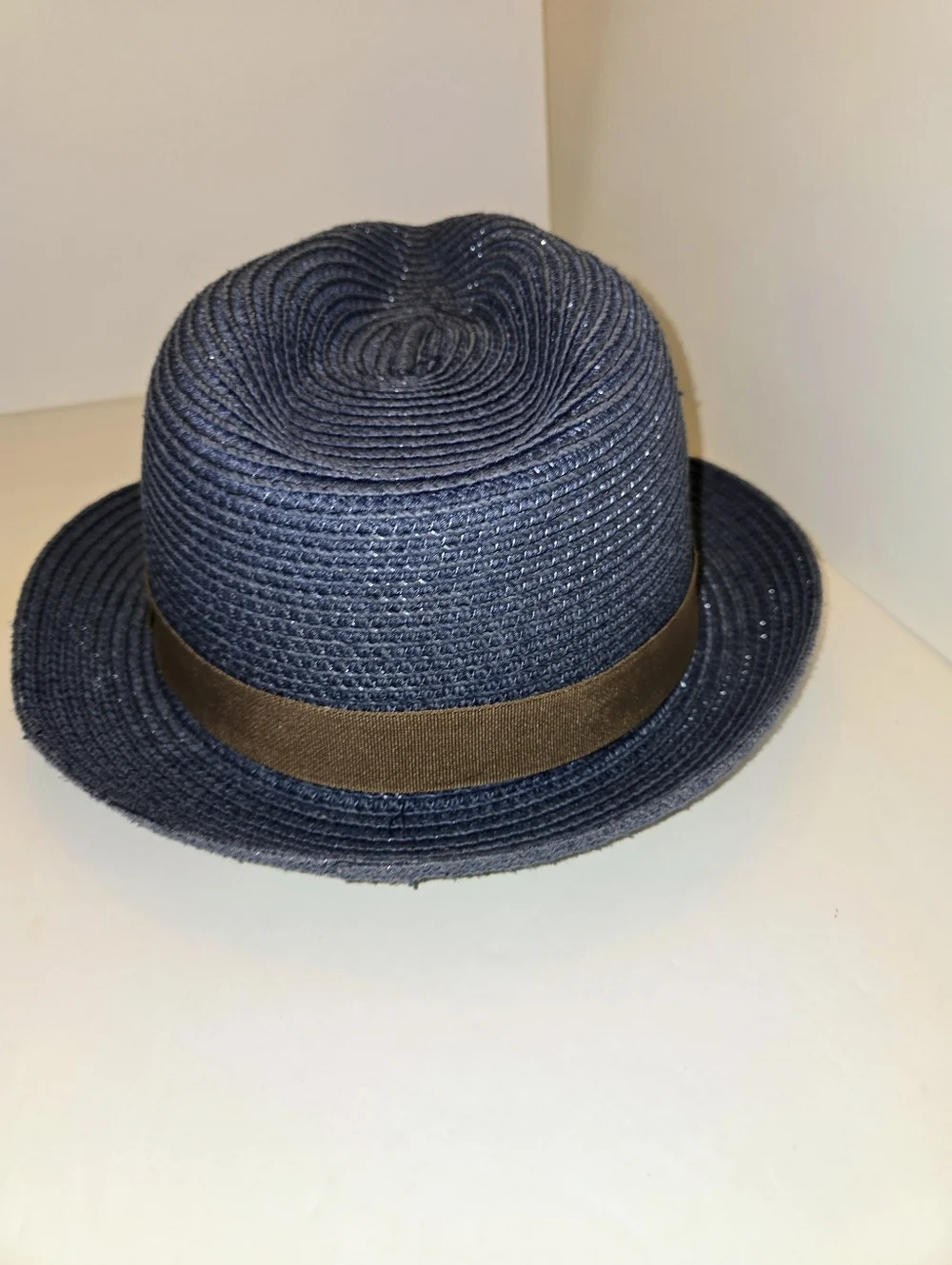 Navy Woven Fedora with Brown Band